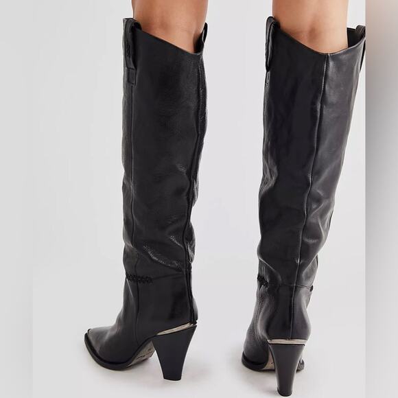 Free People Black Leather Knee High Stevie Boots Heeled Pointed‎ Toe Western 39 - Picture 4 of 9